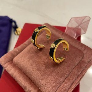 Brand new tory burch mini hoop logo earrings in black